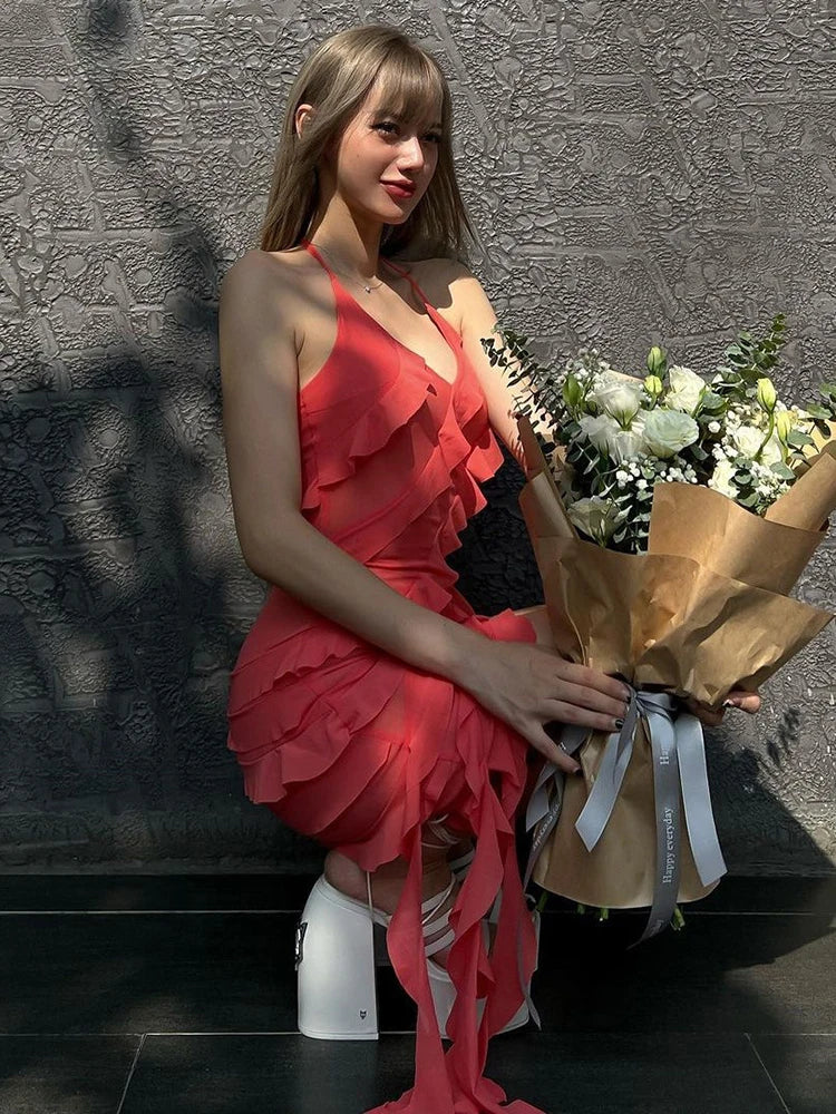 Mini dress with tiered ruffle pleats and coral details - Tony