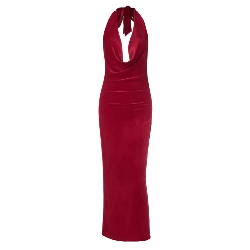 Maxi Velvet Dress with Dropped Collar and Open Back - Marla
