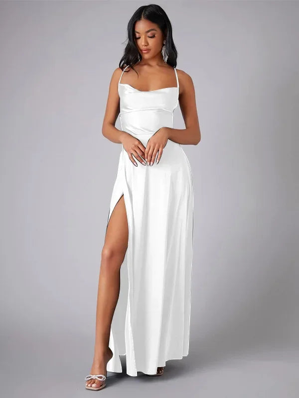 Maxi Satin Dress with Slit Detail and Back Tie - Leona