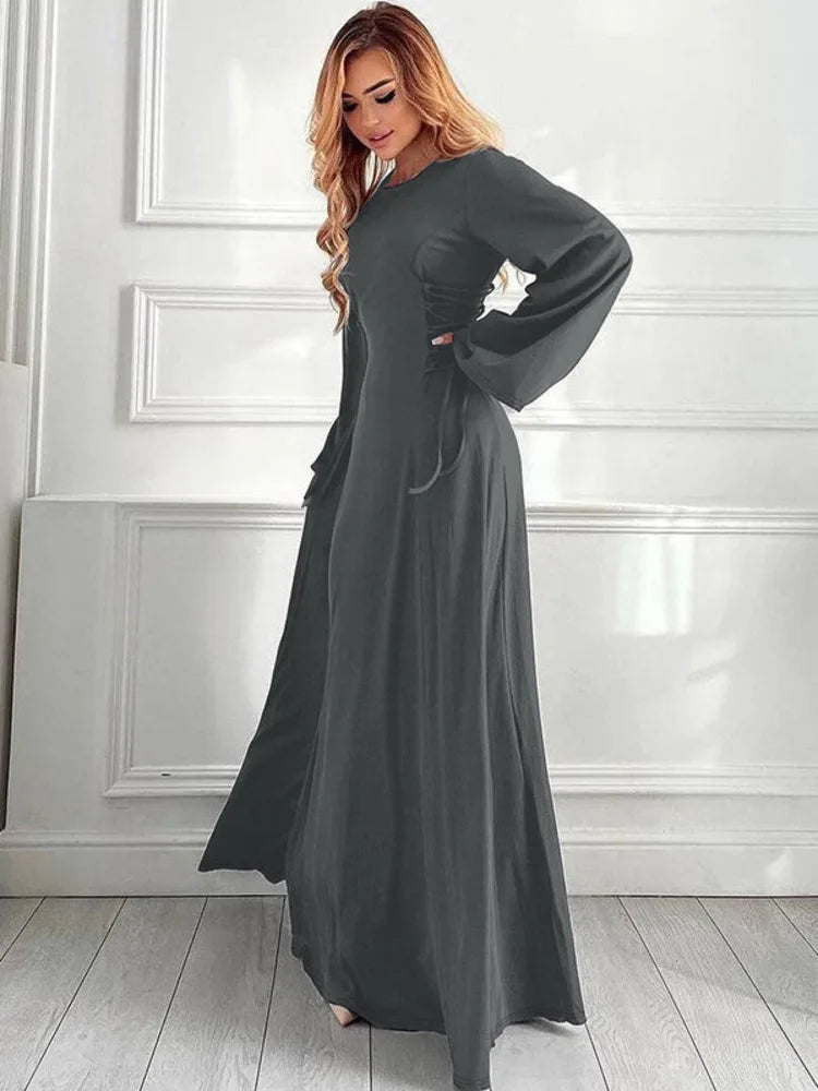 Modest knitted A-line maxi dress with waist ties - Liri