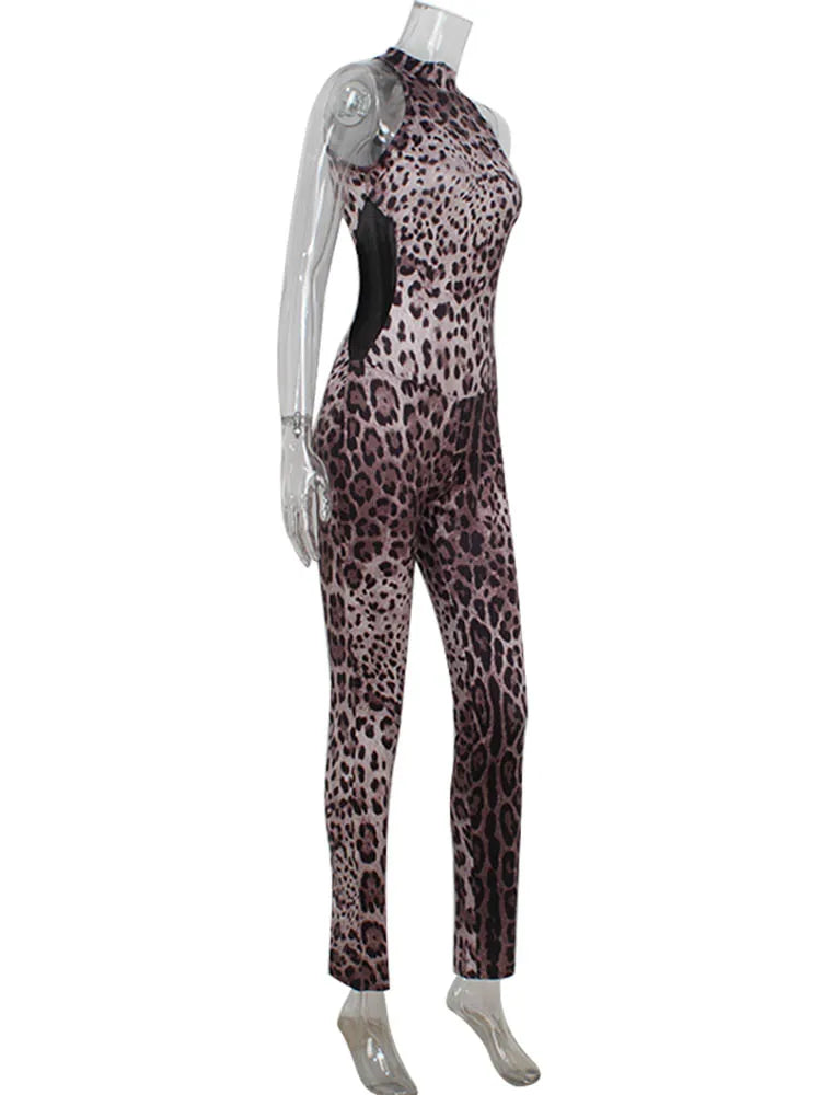 Fitted Leopard Print Jumpsuit with Mesh Side Waist Design - Alexis