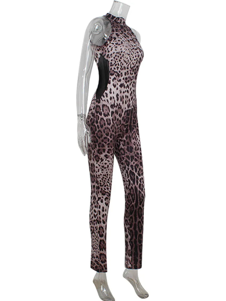 Fitted Leopard Print Jumpsuit with Mesh Side Waist Design - Alexis