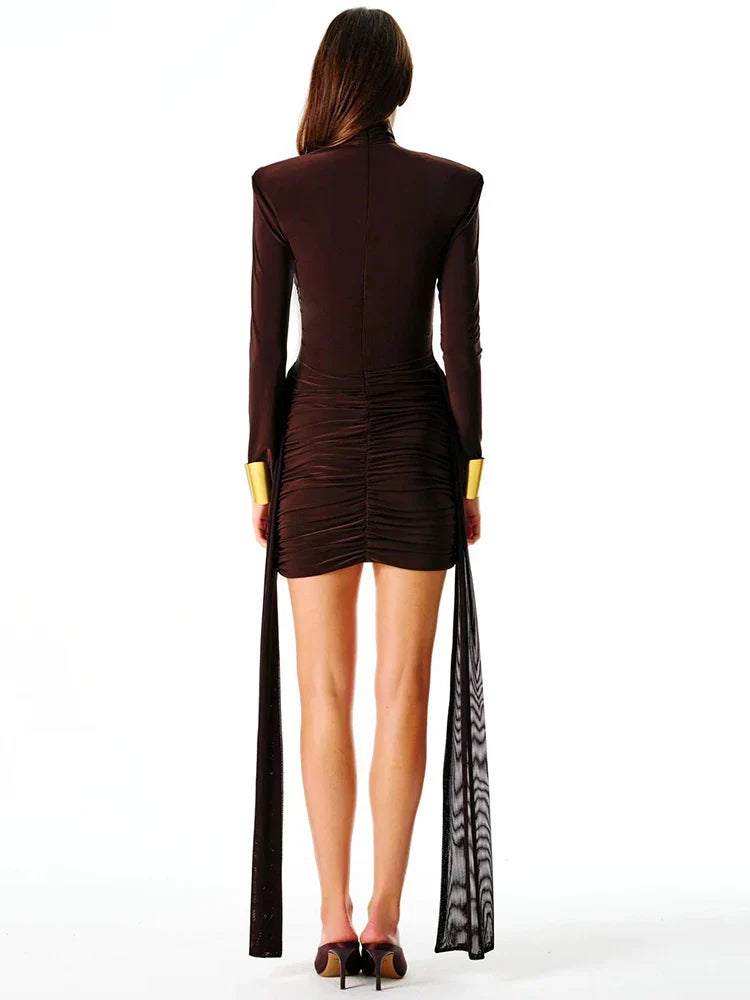 Mini turtleneck dress with chiffon ruched bottom, cross cut, and chiffon ruffle decoration - Marina