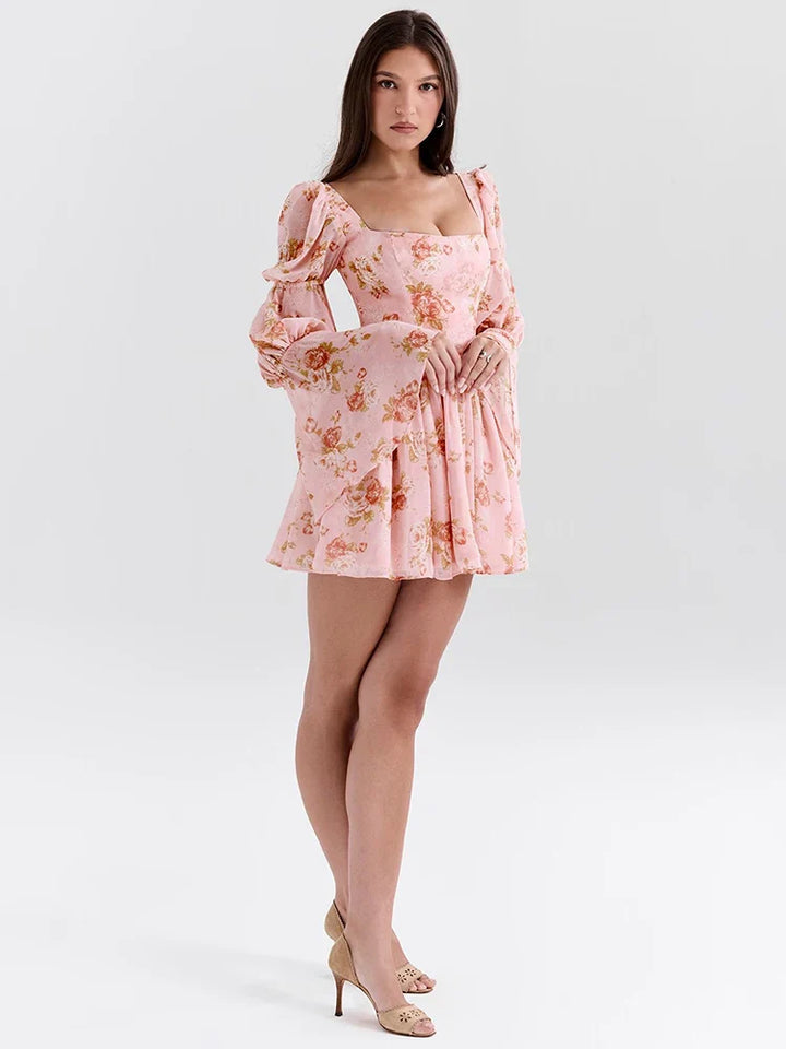Floral Chiffon Mini Dress with A-Line Cut and Bell Sleeves - Florencia