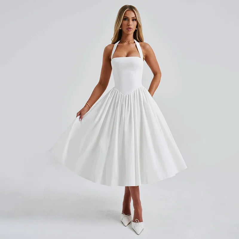 A-line midi dress with open back and neck tie - Angie