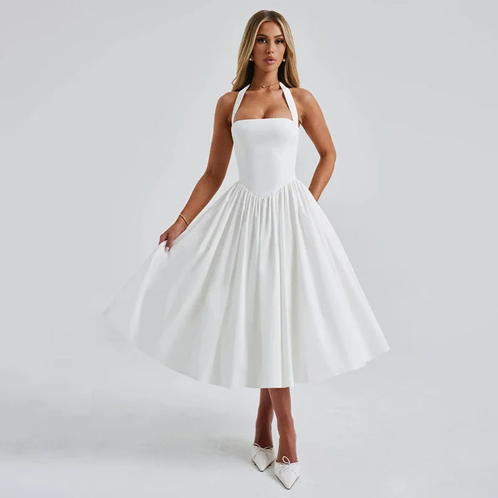 A-line midi dress with open back and neck tie - Angie