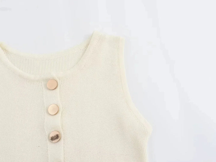 Elegant Knitted Midi Dress with Button Decoration and Small Slit - Pierre