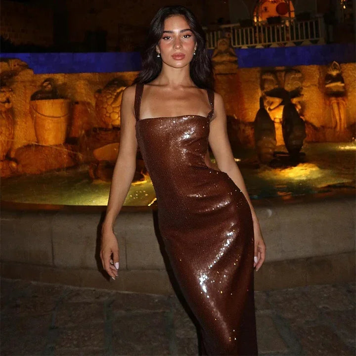 Sequin Maxi Dress with Open Back and Waist - Catalina