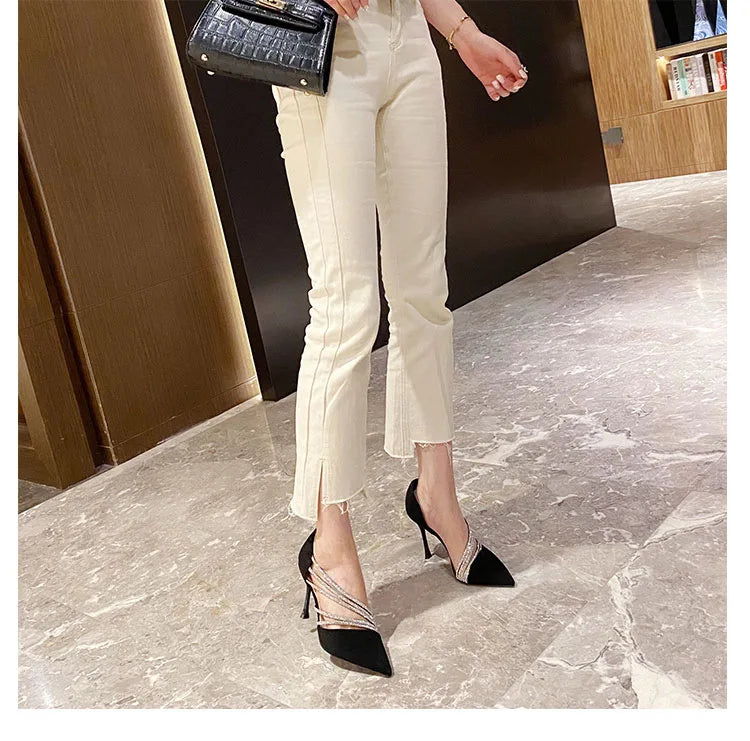 Suede Fabric Pointed Heel Shoes with Sparkling Sequin Design - Alior