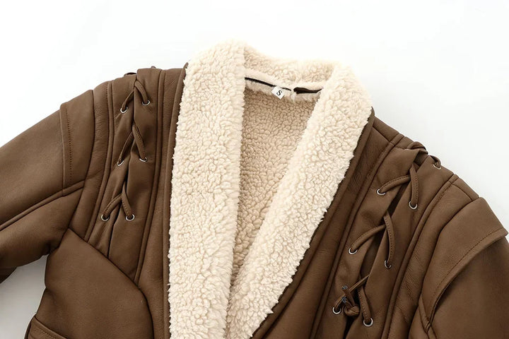 Leather coat with inner fur and belt tie design - Moran