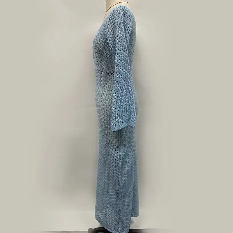 Knitted Maxi Beach Dress with Open Back and Pearl Pin Decoration - Lina