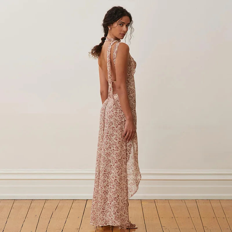 Floral Maxi Dress with Open Back, Slit, and Scarf - Elay