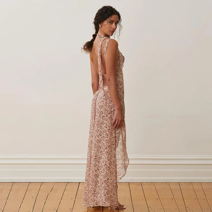 Floral Maxi Dress with Open Back, Slit, and Scarf - Elay