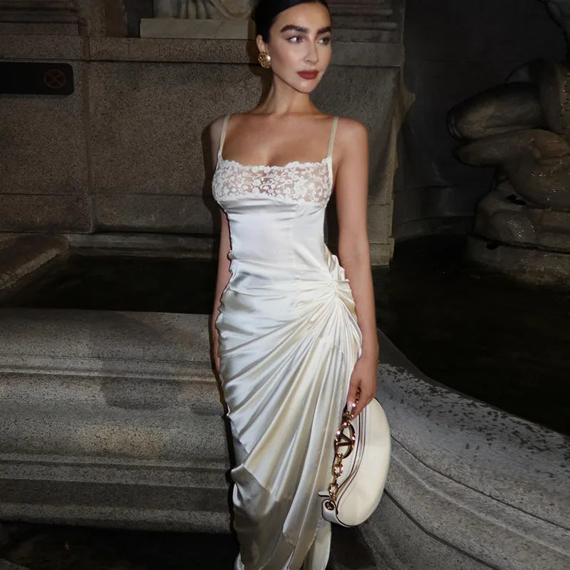 Satin Maxi Evening Dress with Slit and Lace Detail - Swan