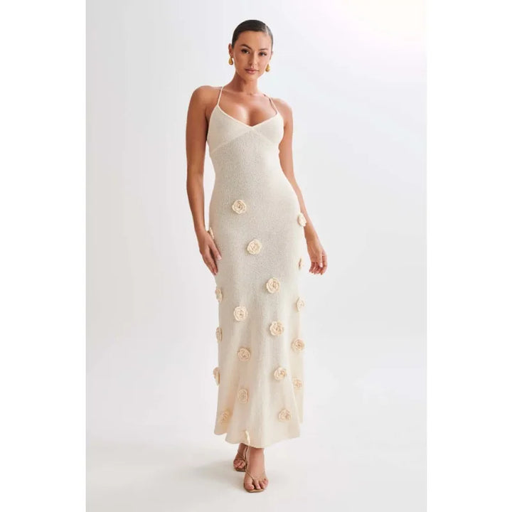 Knitted Maxi Dress with Floral Appliqués and Back Tie Detail - Malaya