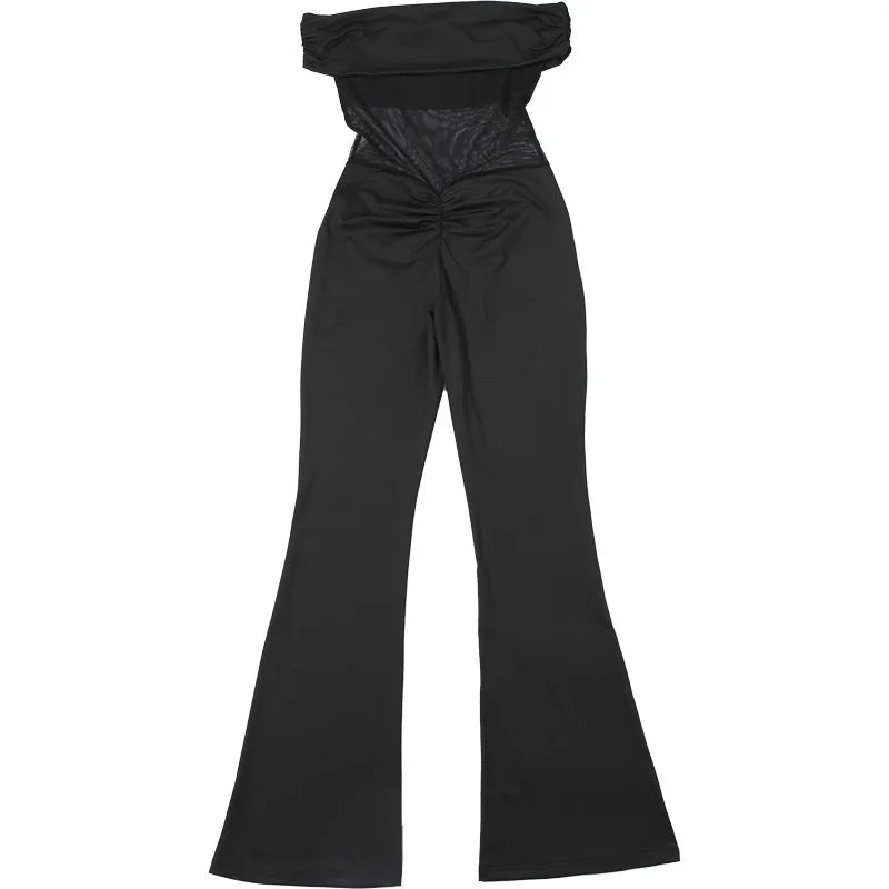 Shaping Fabric Jumpsuit with Mesh and Off-Shoulder Pedal Pusher Pants - Maylin
