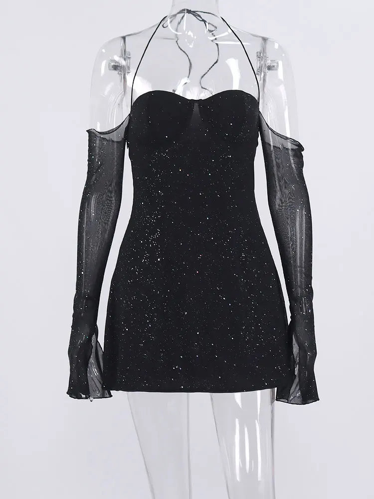 Sequin Mini Dress with Off-Shoulder and Mesh Sleeves - Barbara