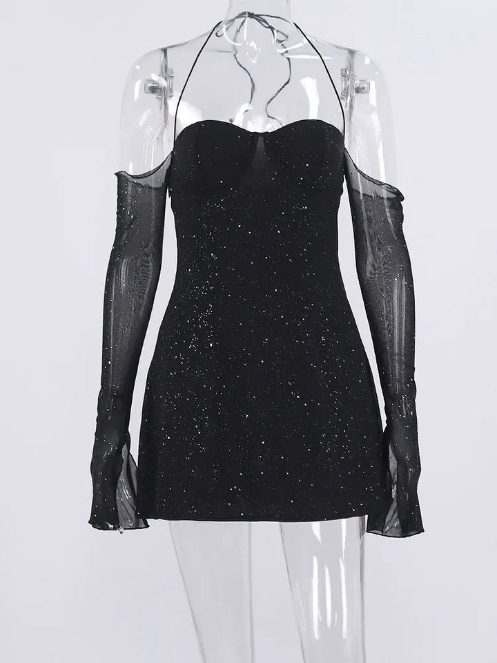 Sequin Mini Dress with Off-Shoulder and Mesh Sleeves - Barbara