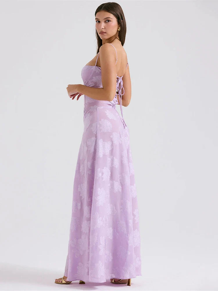 Maxi Dress with Floral Embroidery, Back Tie for Waist Fit - Millie