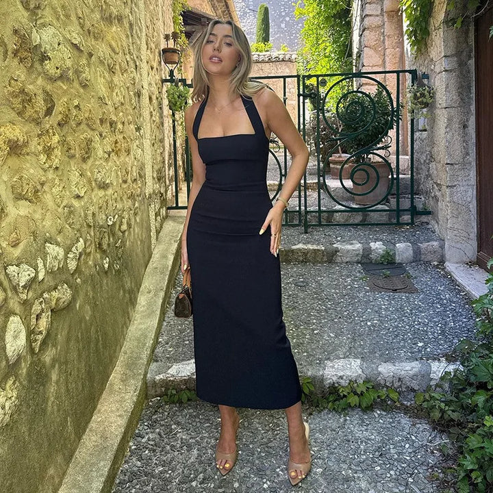 Fitted Midi Dress with Shaping Fabric and Open Back - Paislee