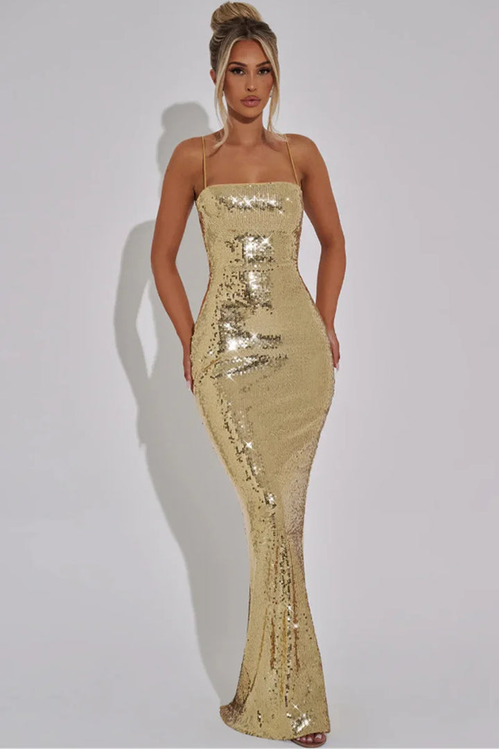Sparkling Sequin Maxi Dress with Back Ties - Josie