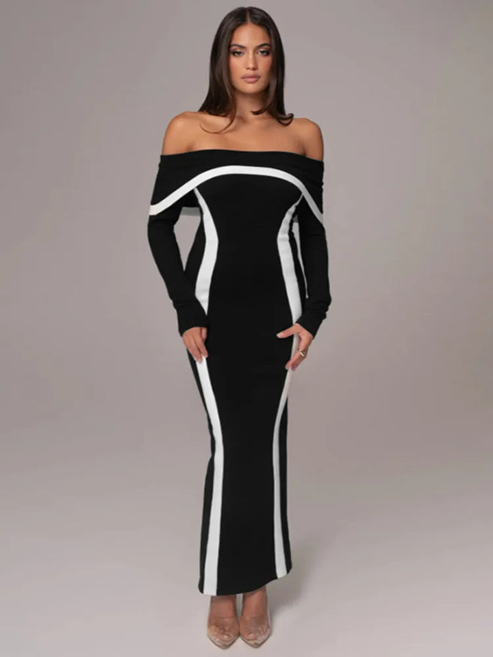 Off-shoulder maxi dress with contour line decoration - Katie