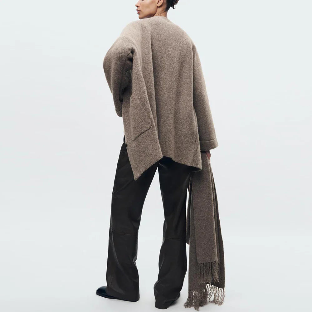 Wool Coat with Scarf Design, Button and Pocket Details - Lorenzo