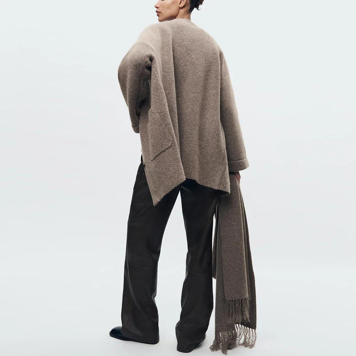 Wool Coat with Scarf Design, Button and Pocket Details - Lorenzo