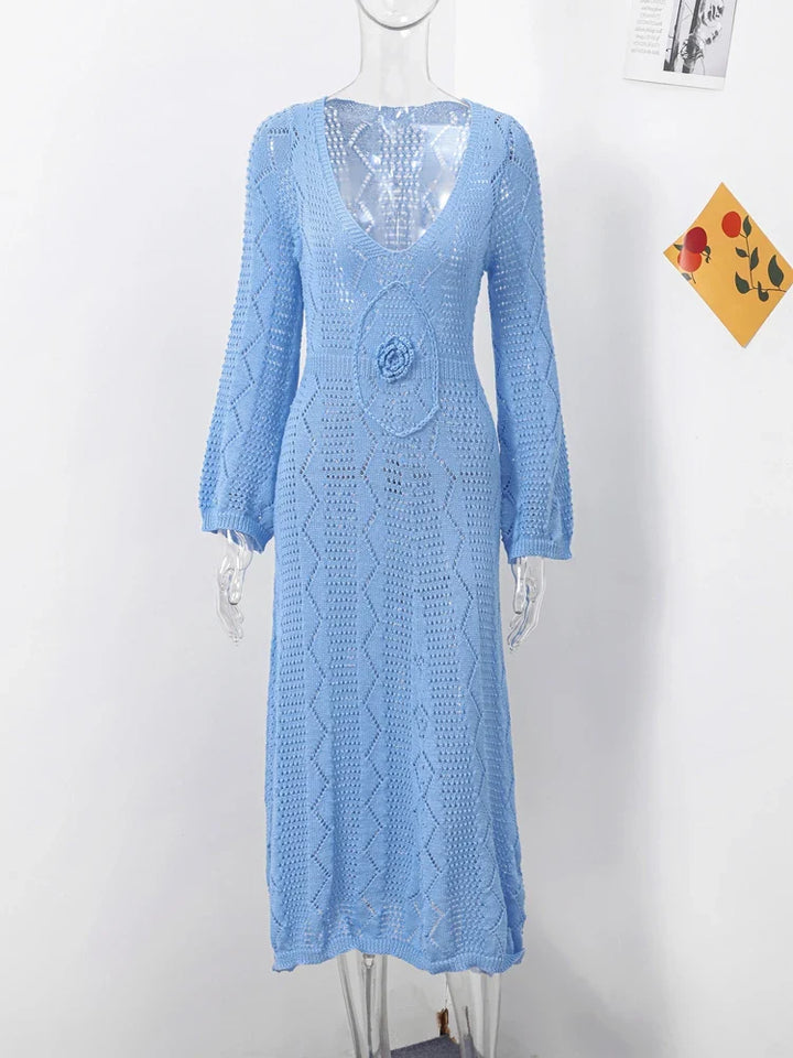 Knitted Maxi Beach Dress with Flower Decoration - Beatrice
