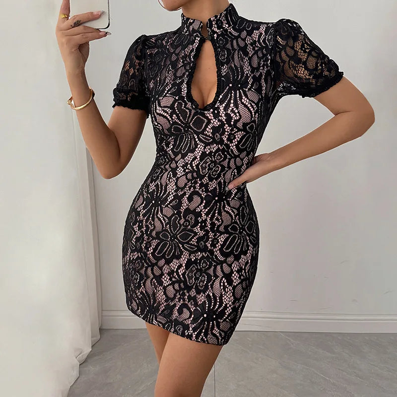 Lace mini dress with turtleneck collar and button decoration - Kimora