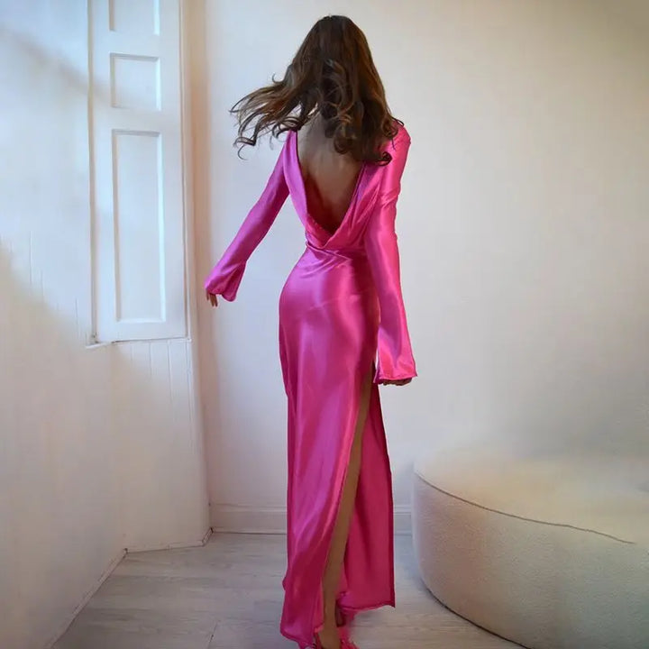 Maxi satin evening dress with open back, slit, and bell sleeves - Marian