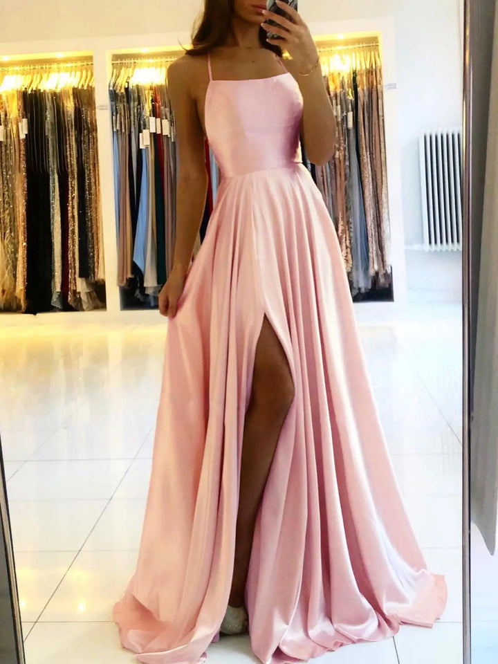Elegant Maxi Satin Dress with Slit, A-Line Design, Back Tie - Prince