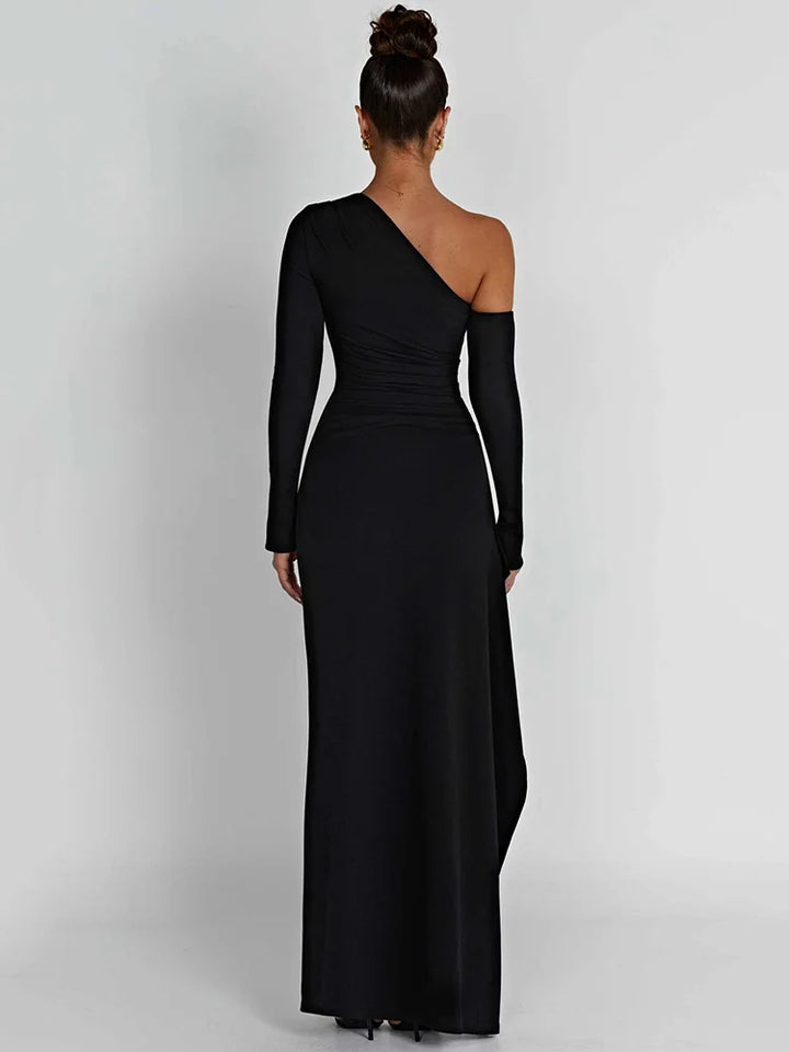Ruffled maxi dress with shoulder slit and off-shoulder design - Melania