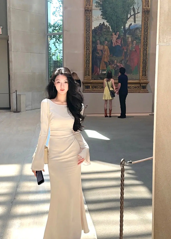 Elegant maxi satin evening dress with bell sleeves - Sahar