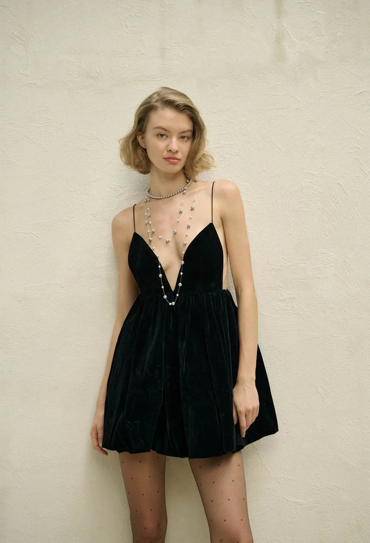 Velvet Mini Balloon Dress with Open Back - Myla