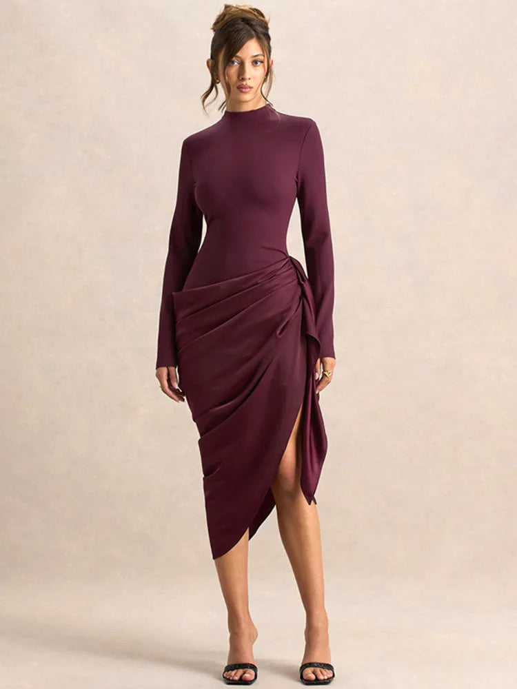 Midi Dress with Satin Design and Asymmetric Length - NIRA