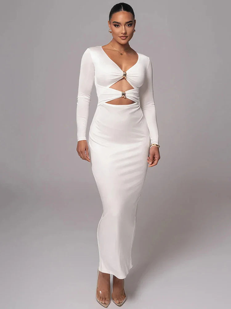 Fitted Shaping Fabric Maxi Dress with Cutouts and Buckles - Lauren