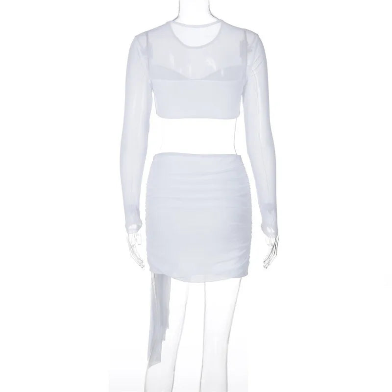 Two-piece set mini ruched skirt with train and mesh top with ruching design - Britney