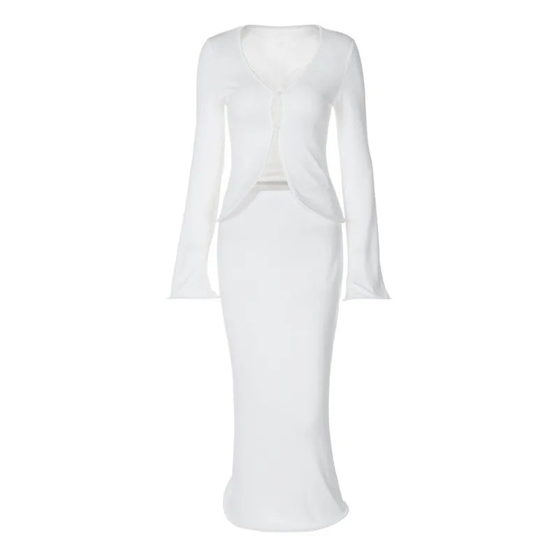 Knitted Two-Piece Set with Buttoned Top and Maxi Skirt - PARIS