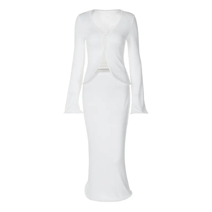 Knitted Two-Piece Set with Buttoned Top and Maxi Skirt - PARIS