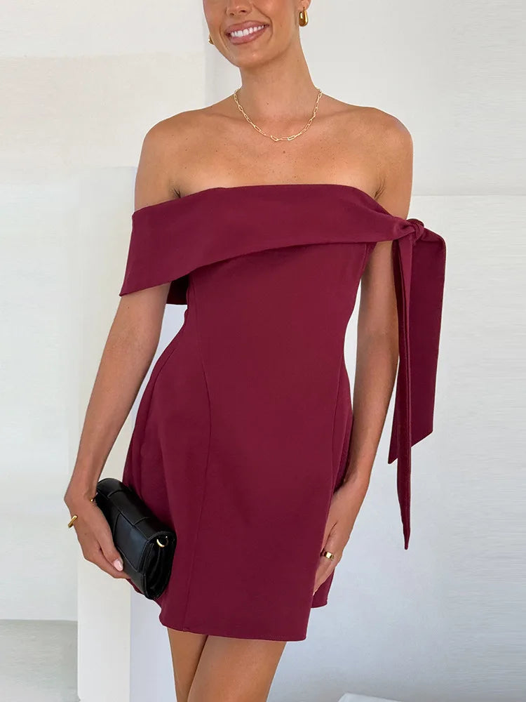 Mini A-line dress with bare shoulders decorated with tie - Sheli