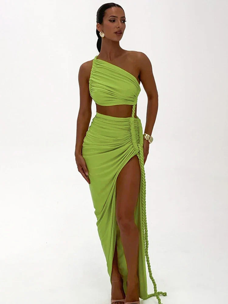 Maxi One-Shoulder Dress with Cutout and Slit, Braided Detail - Panama