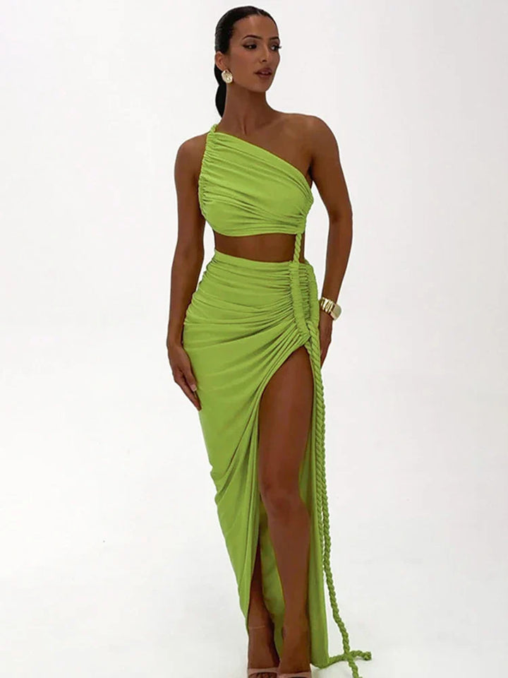 Maxi One-Shoulder Dress with Cutout and Slit, Braided Detail - Panama