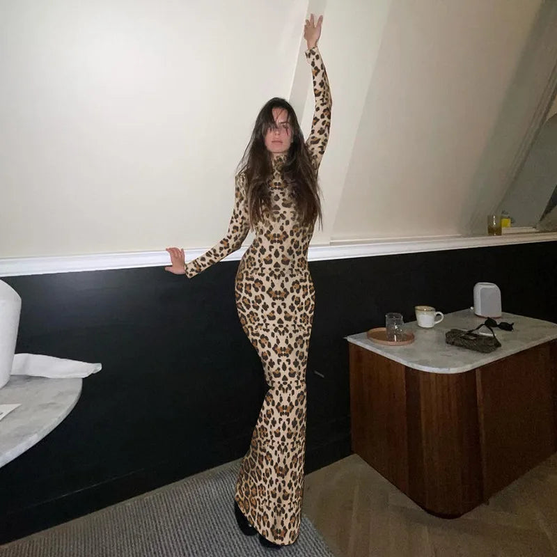 Leopard print maxi dress with turtleneck - Marilyn