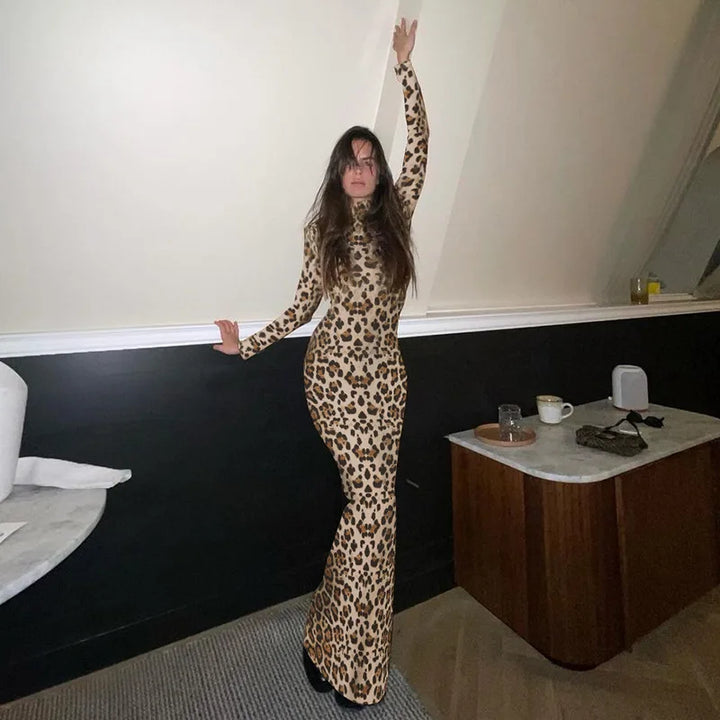 Leopard print maxi dress with turtleneck - Marilyn