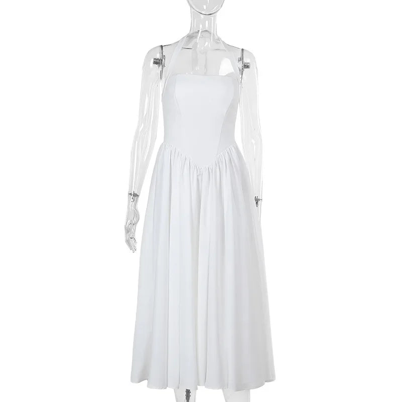 A-line midi dress with open back and neck tie - Angie