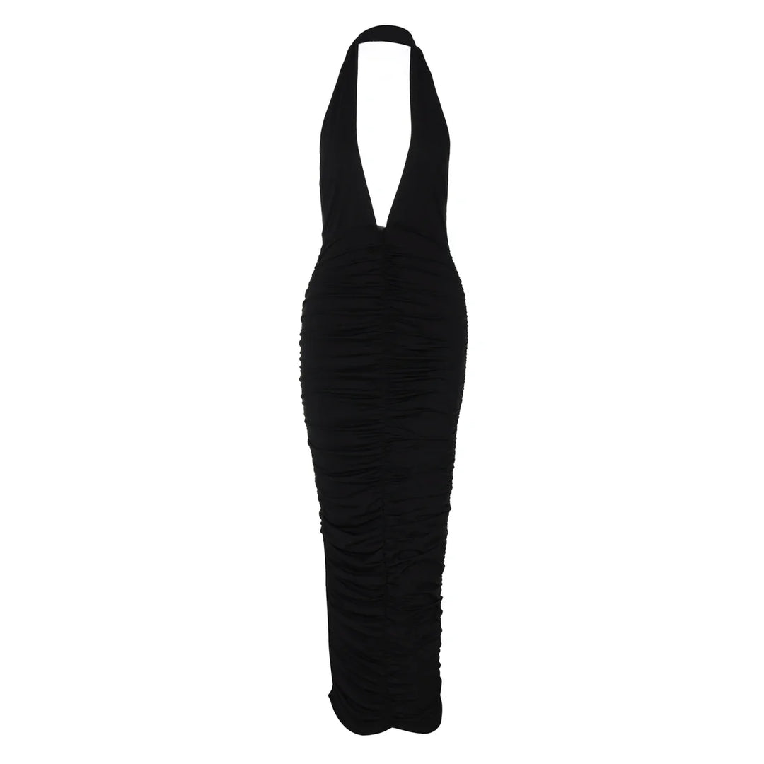 Maxi Dress with Collar, Ruching, Fitted V-Neck, Open Back - Jimena