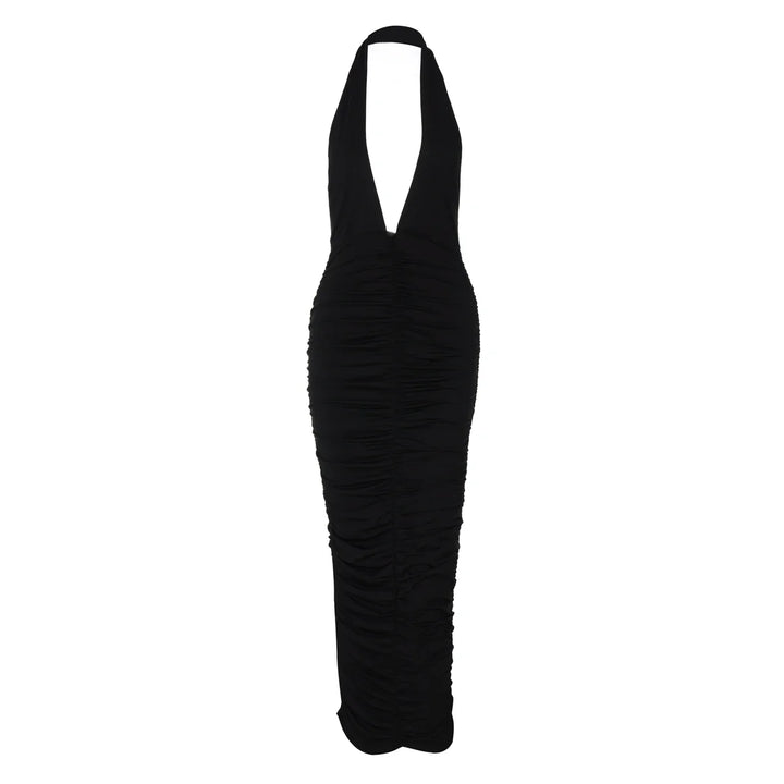 Maxi Dress with Collar, Ruching, Fitted V-Neck, Open Back - Jimena