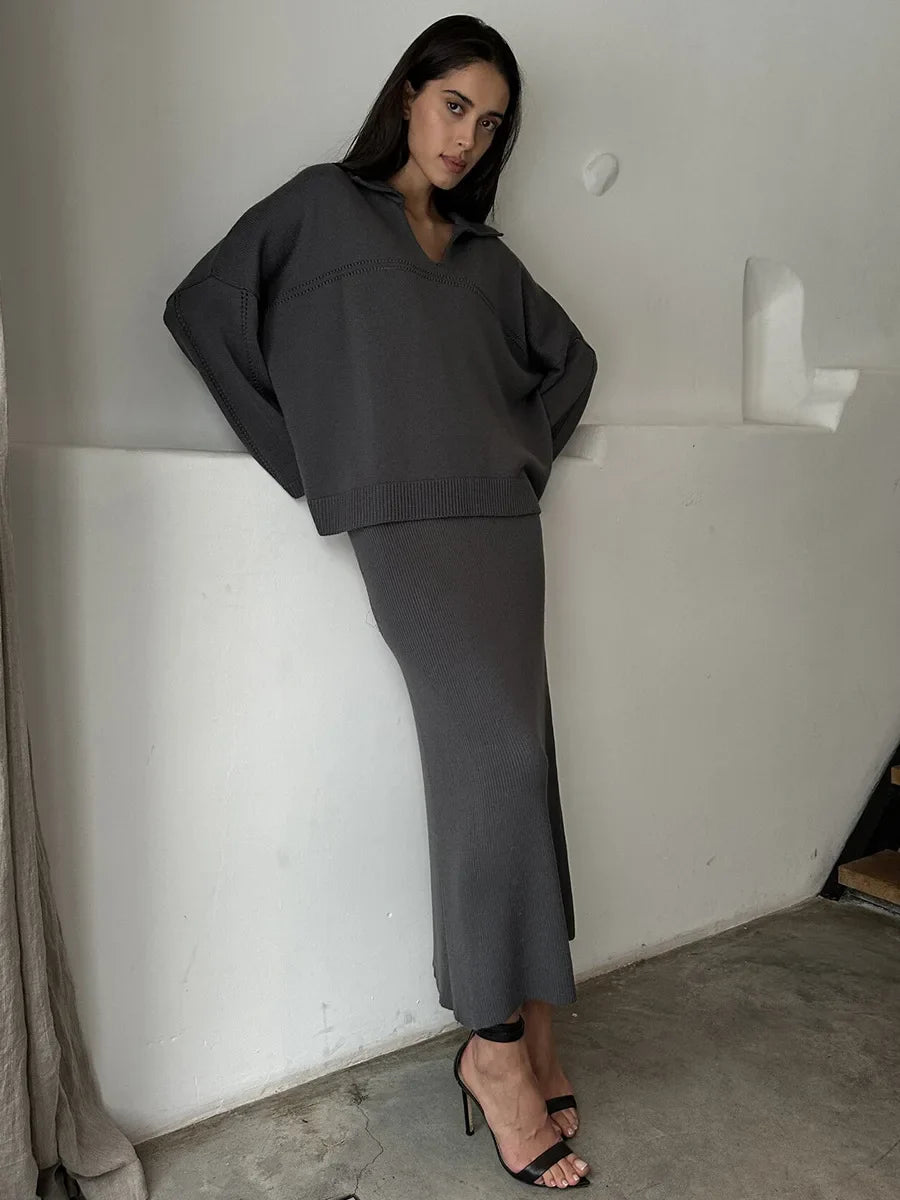 Loose two-piece knitted set maxi skirt and top - Shilav