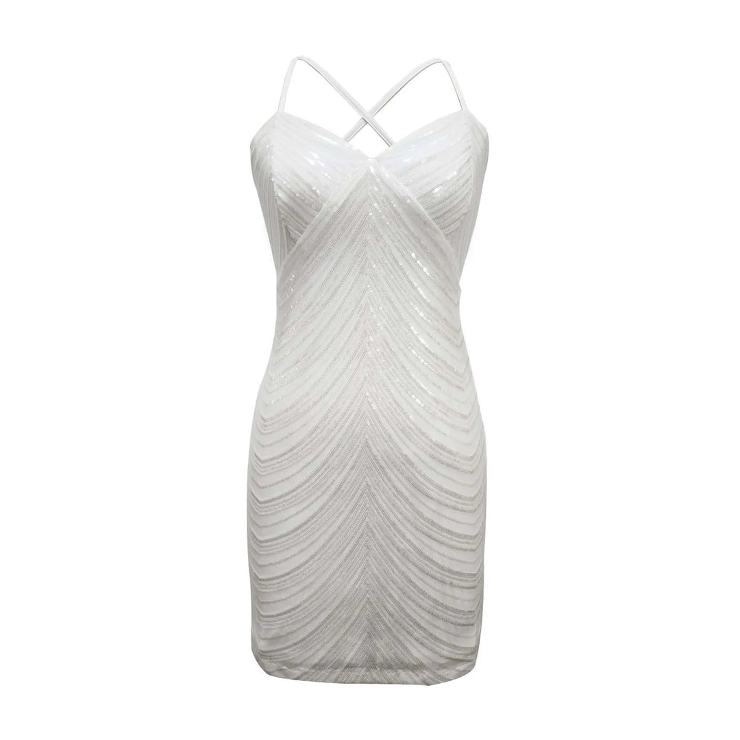 White Mini Dress with Shiny Silver Sequin Decoration - Jill